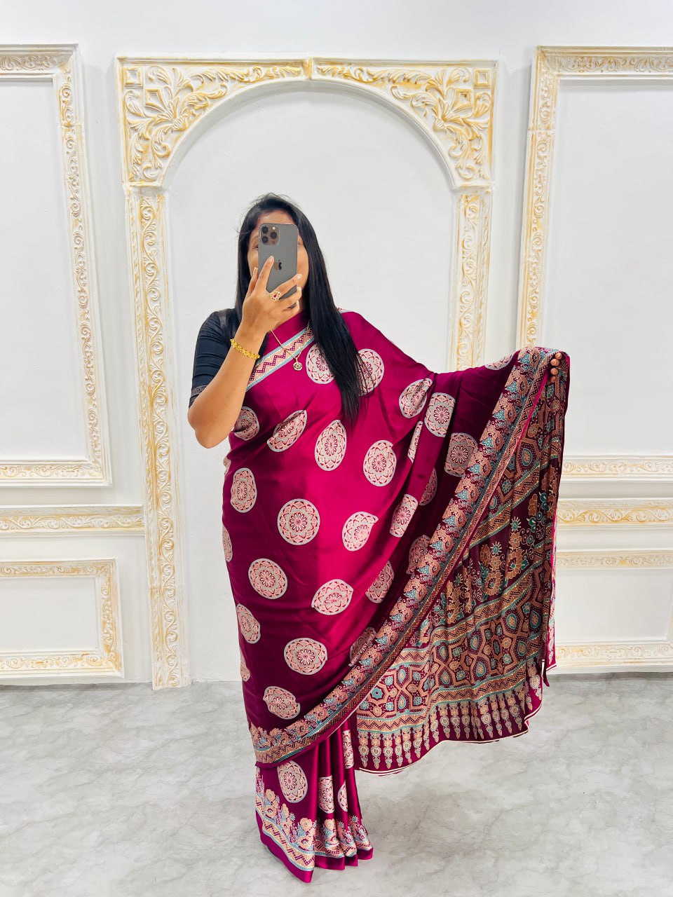 Wine Printed Saree with Ajrakh Motifs – Casual & Party Wear
