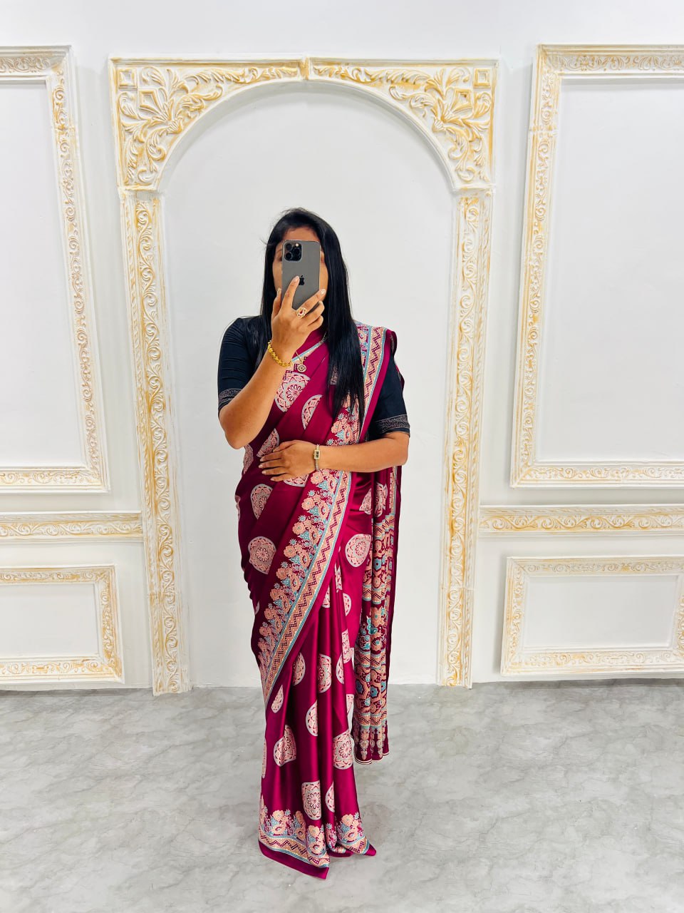 Wine Printed Saree with Ajrakh Motifs – Casual & Party Wear