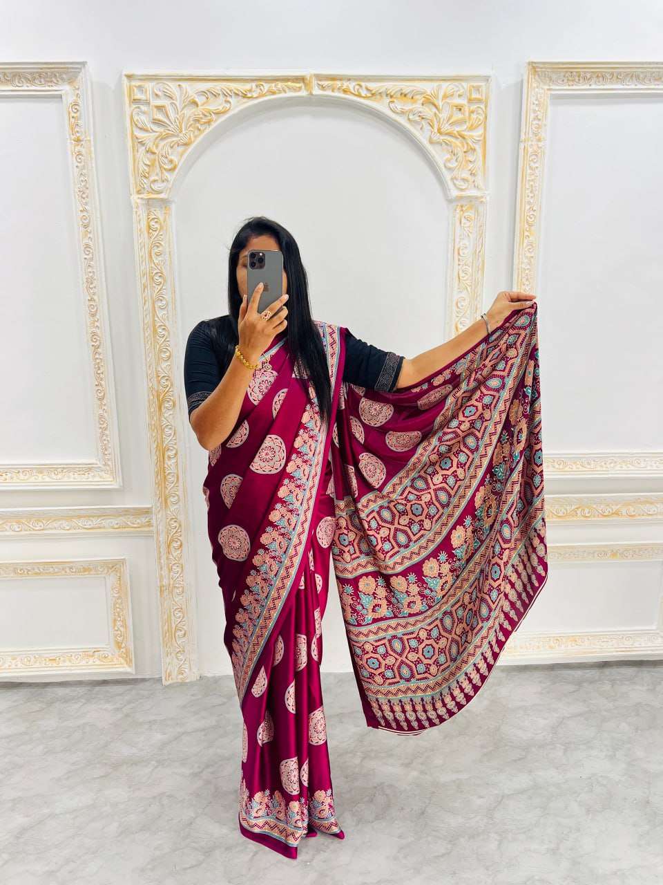 Wine Printed Saree with Ajrakh Motifs – Casual & Party Wear