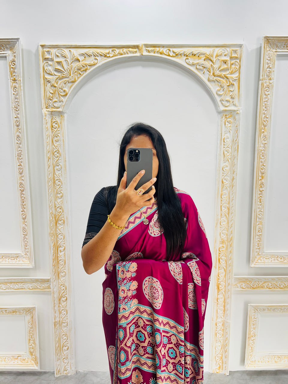 Wine Printed Saree with Ajrakh Motifs – Casual & Party Wear