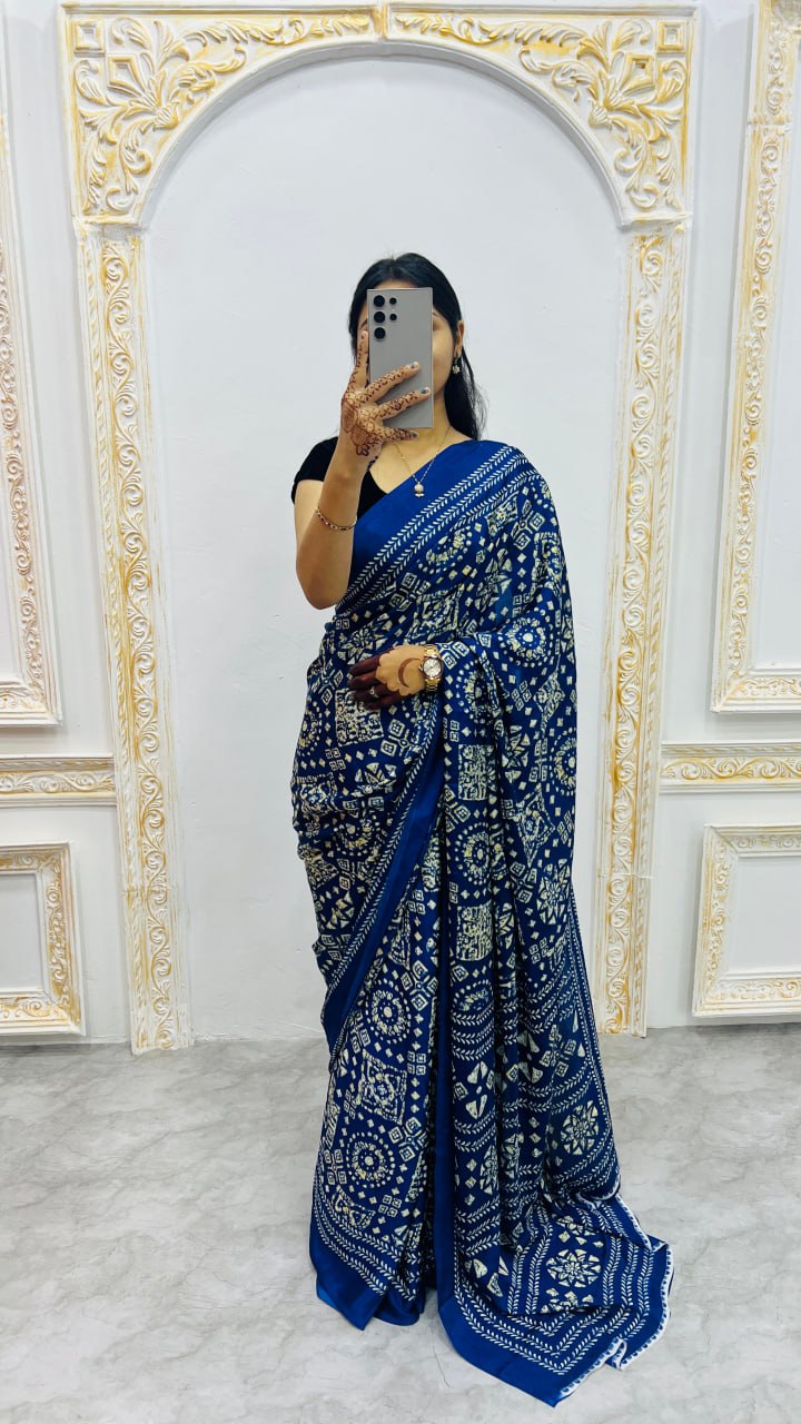 Royal Blue Handcrafted Ajrakh Print Saree with Traditional Motifs