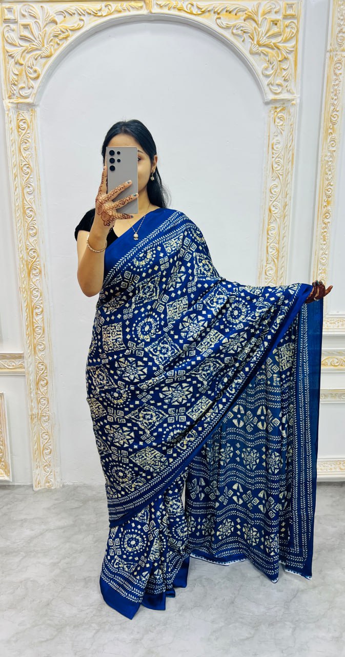 Royal Blue Handcrafted Ajrakh Print Saree with Traditional Motifs