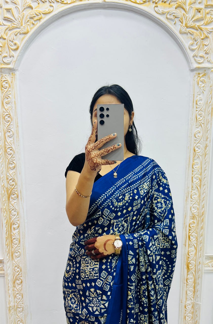 Royal Blue Handcrafted Ajrakh Print Saree with Traditional Motifs