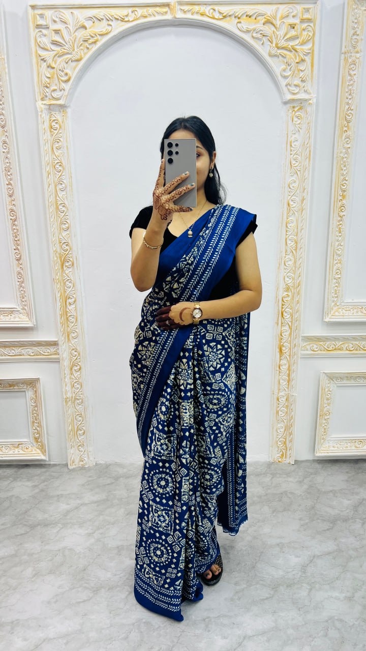 Royal Blue Handcrafted Ajrakh Print Saree with Traditional Motifs