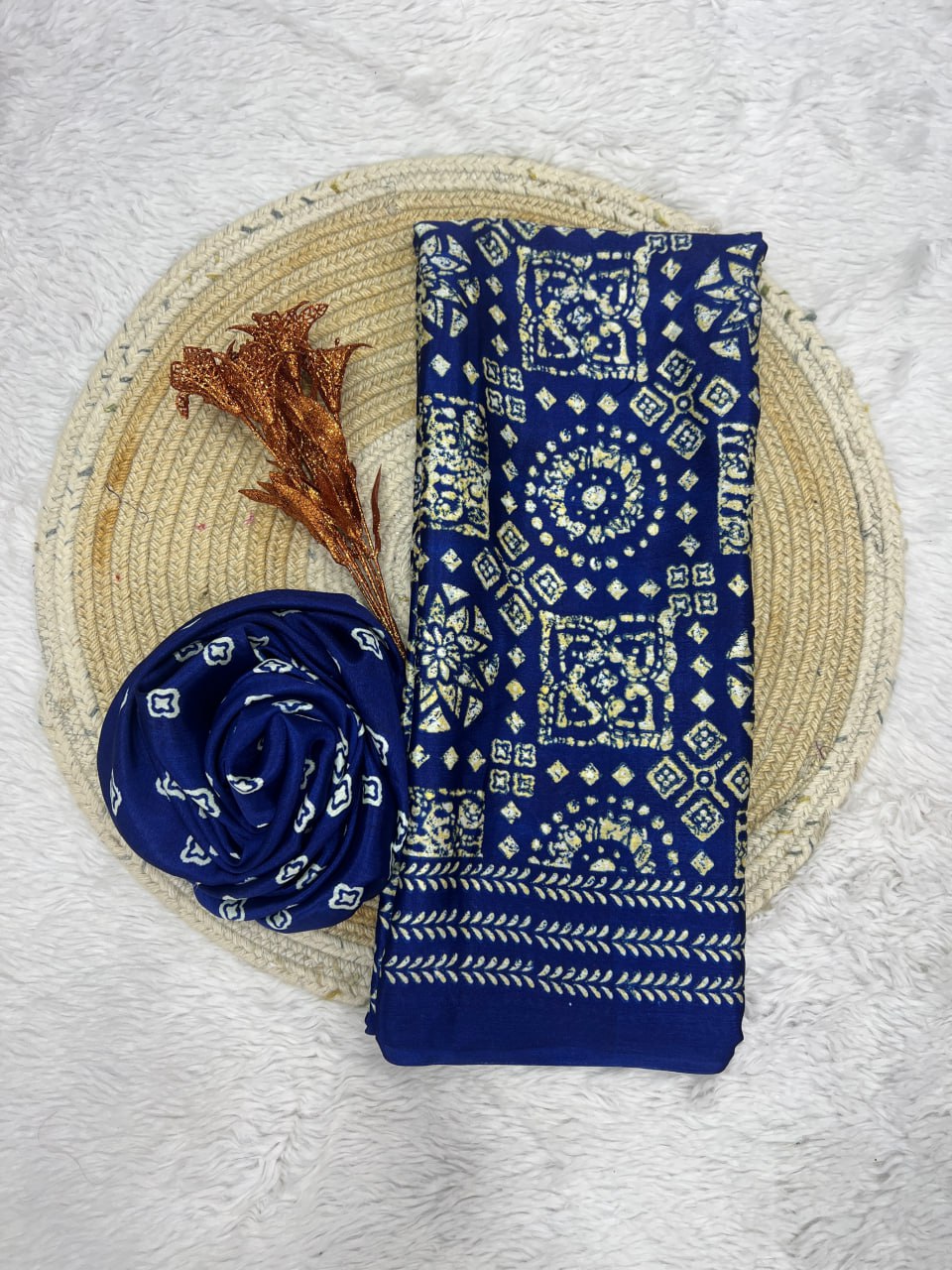 Royal Blue Handcrafted Ajrakh Print Saree with Traditional Motifs