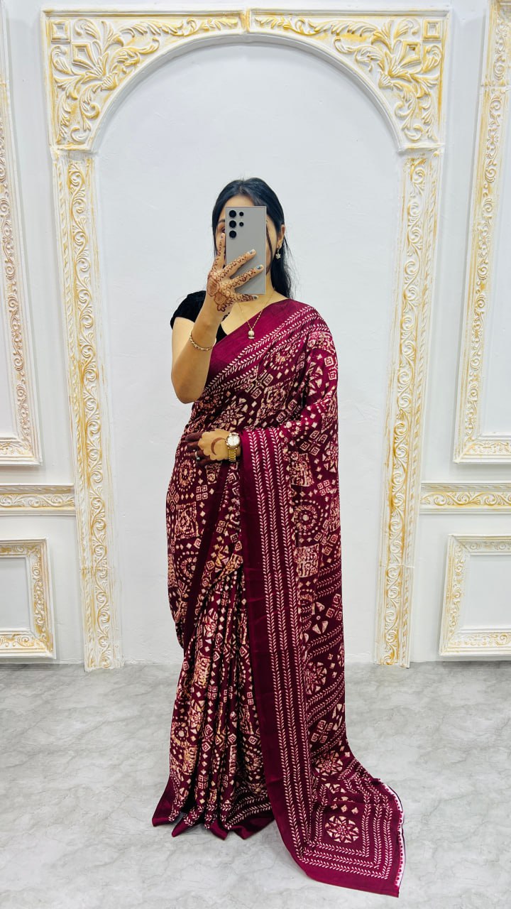 Brown Handcrafted Ajrakh Print Saree with Traditional Motifs