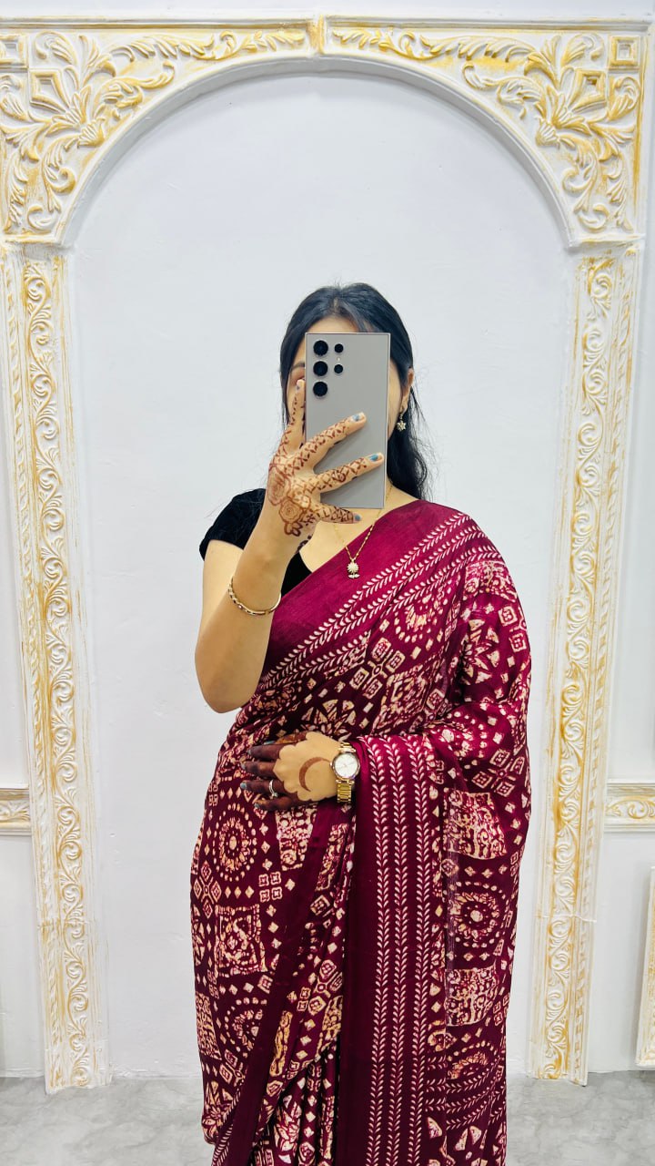 Brown Handcrafted Ajrakh Print Saree with Traditional Motifs