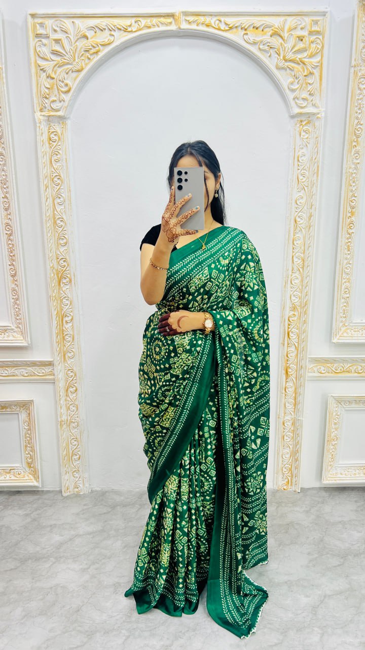 Green Handcrafted Ajrakh Print Saree with Traditional Motifs