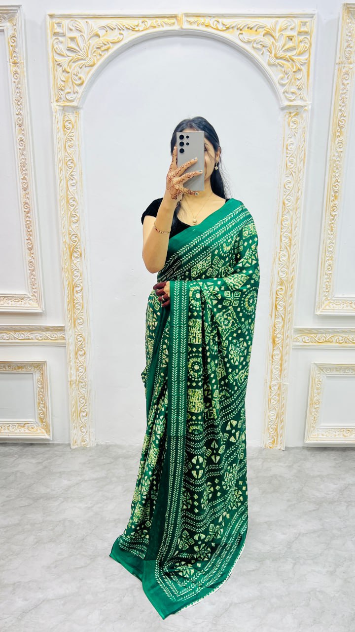 Green Handcrafted Ajrakh Print Saree with Traditional Motifs