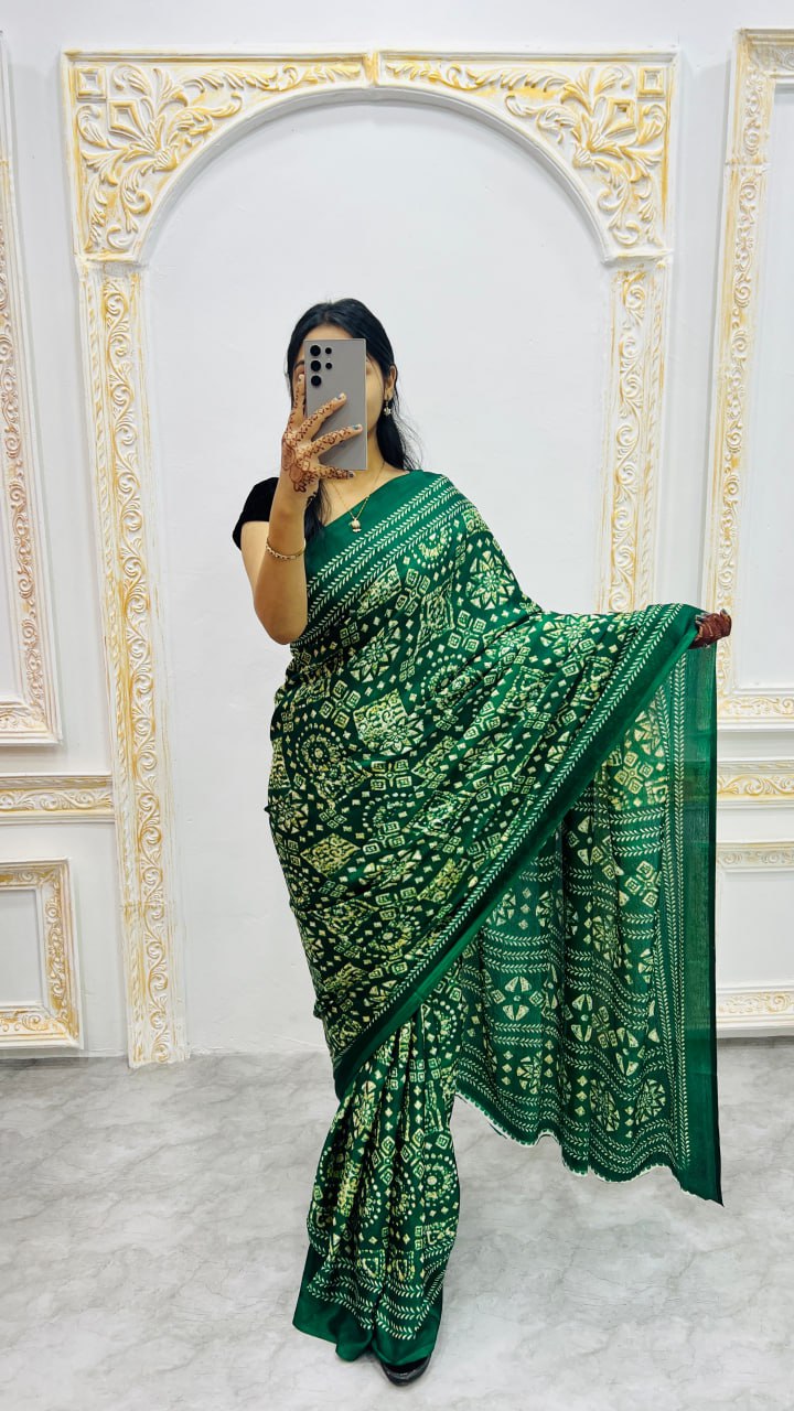 Green Handcrafted Ajrakh Print Saree with Traditional Motifs