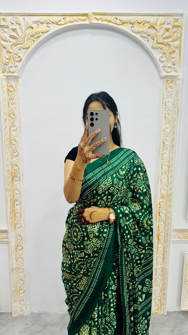 Green Handcrafted Ajrakh Print Saree with Traditional Motifs