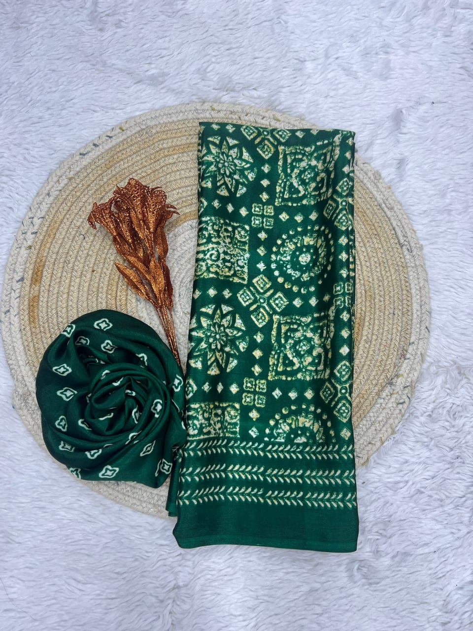 Green Handcrafted Ajrakh Print Saree with Traditional Motifs