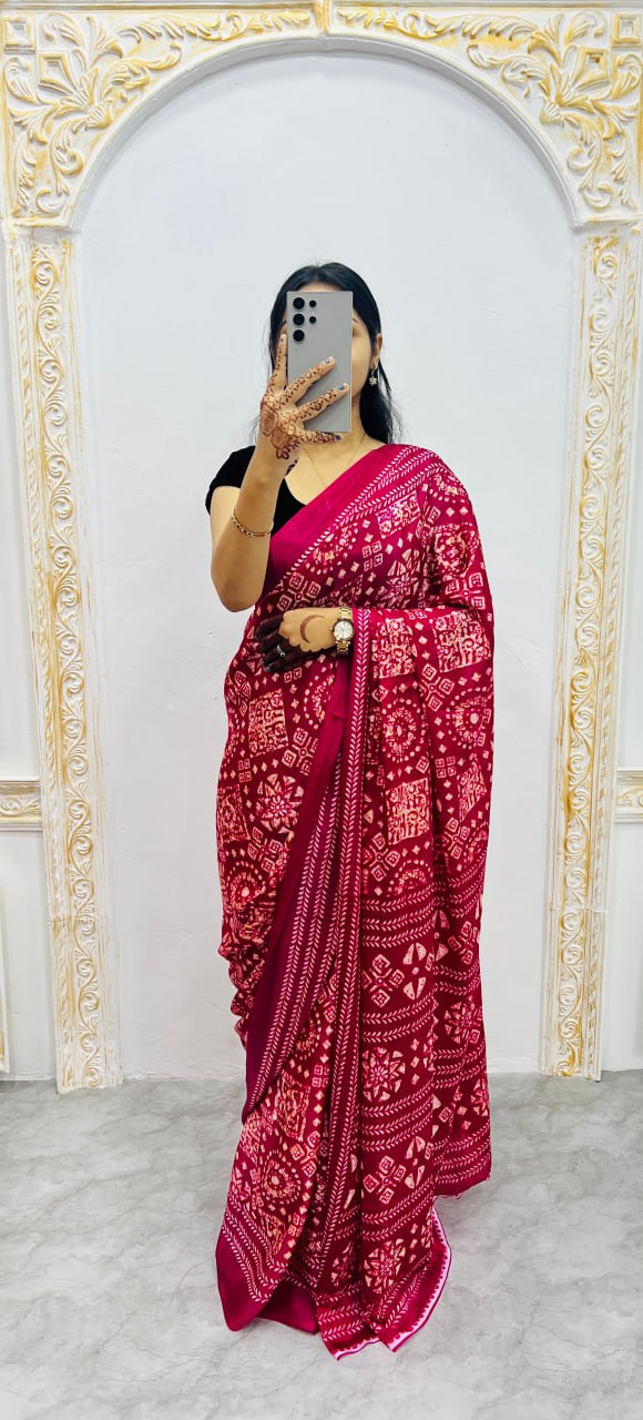 Red Handcrafted Ajrakh Print Saree with Traditional Motifs