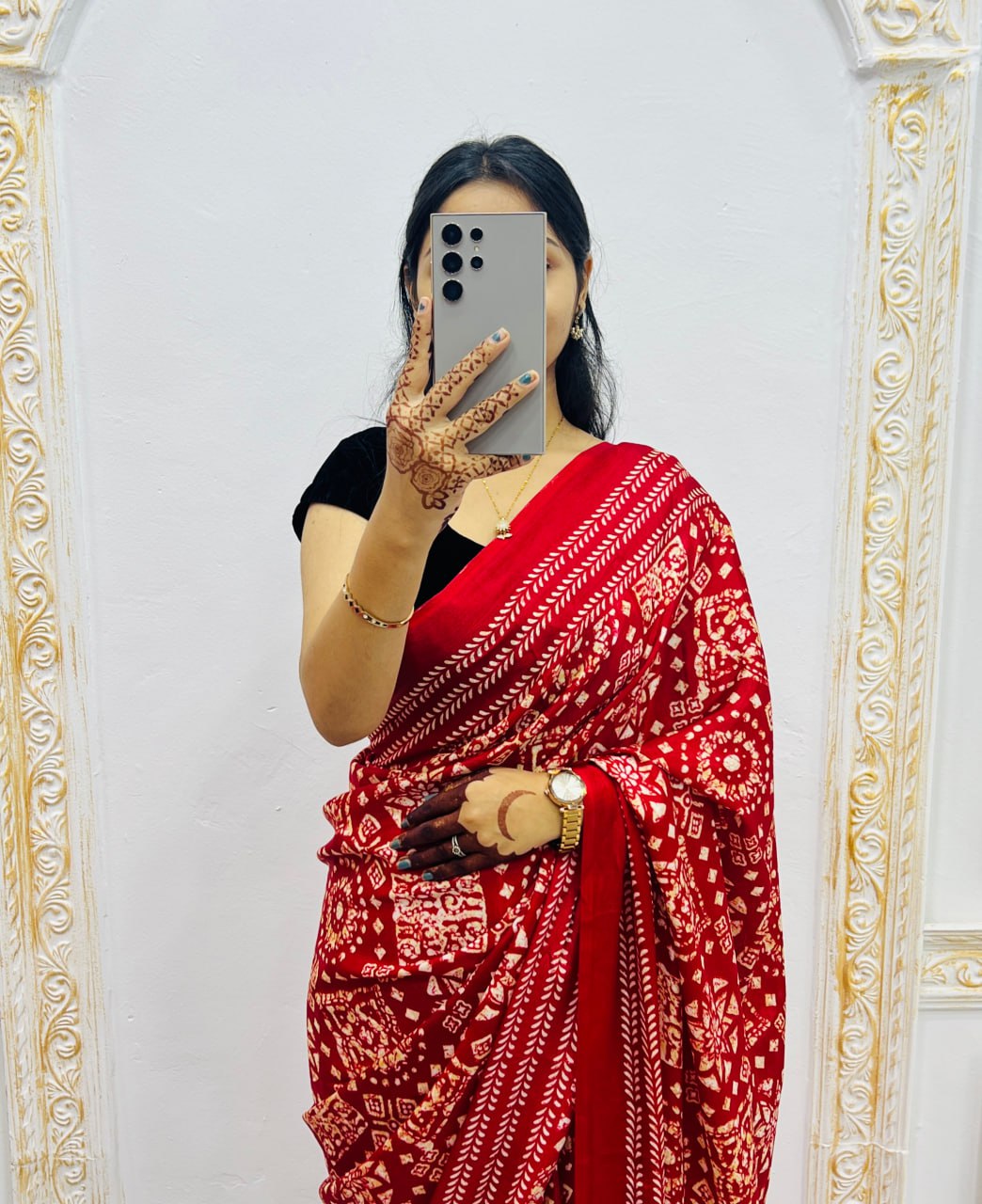 Red Handcrafted Ajrakh Print Saree with Traditional Motifs