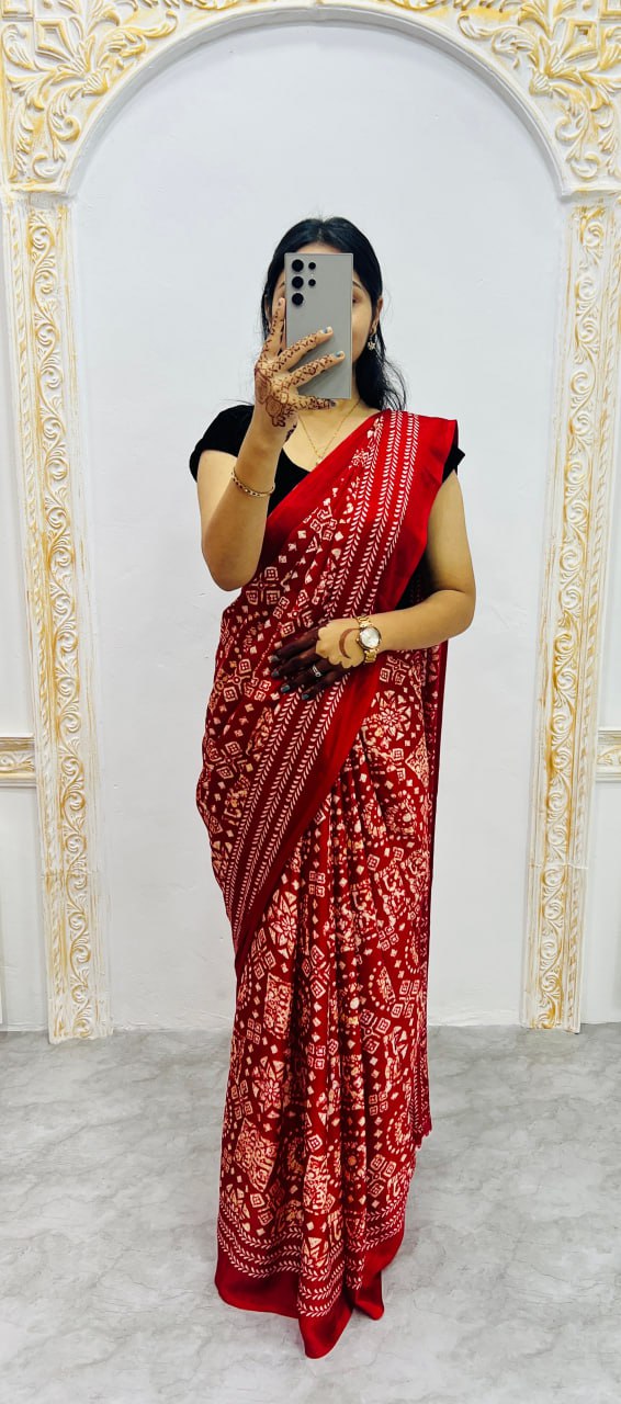 Red Handcrafted Ajrakh Print Saree with Traditional Motifs