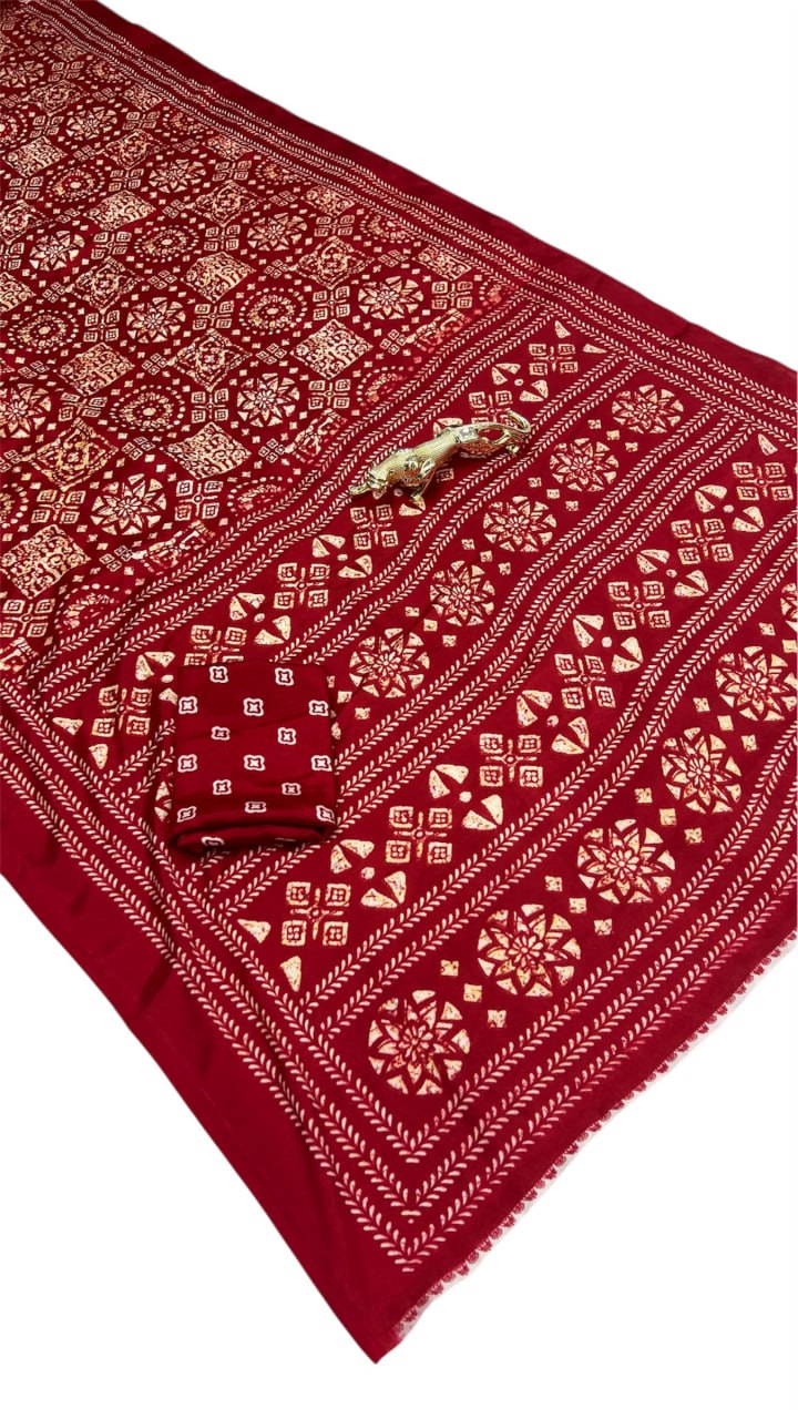 Red Handcrafted Ajrakh Print Saree with Traditional Motifs