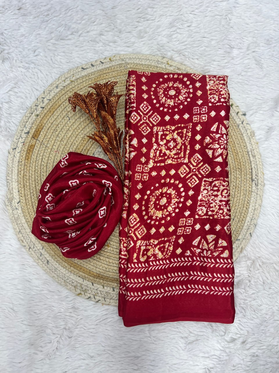 Red Handcrafted Ajrakh Print Saree with Traditional Motifs