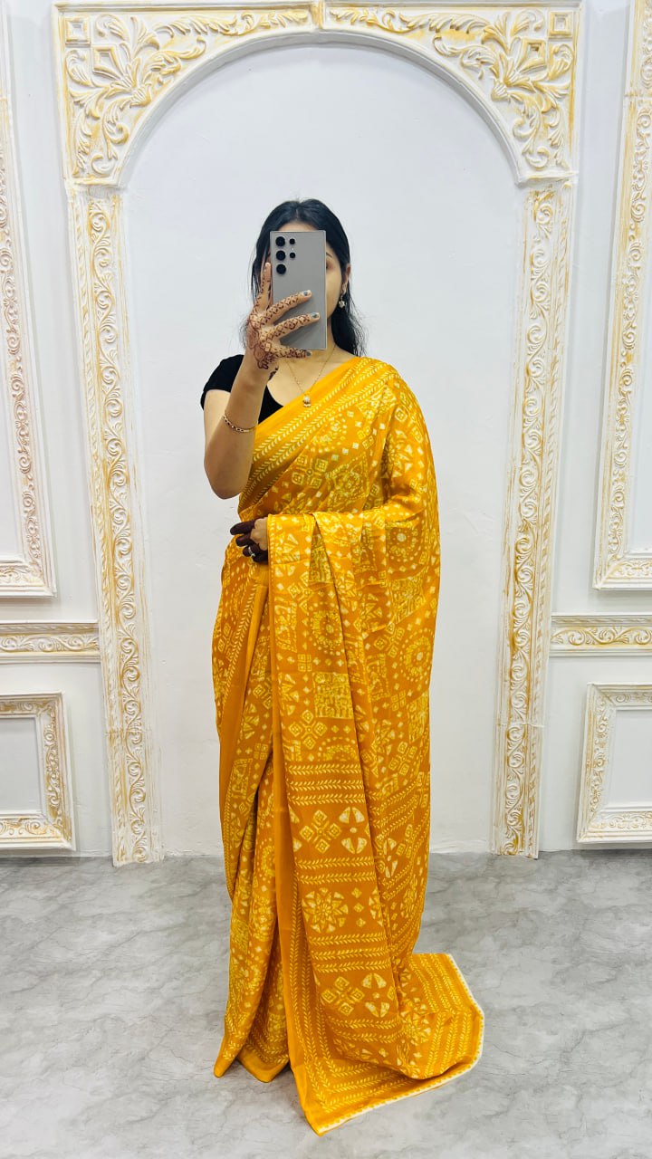 Yellow Handcrafted Ajrakh Print Saree with Traditional Motifs