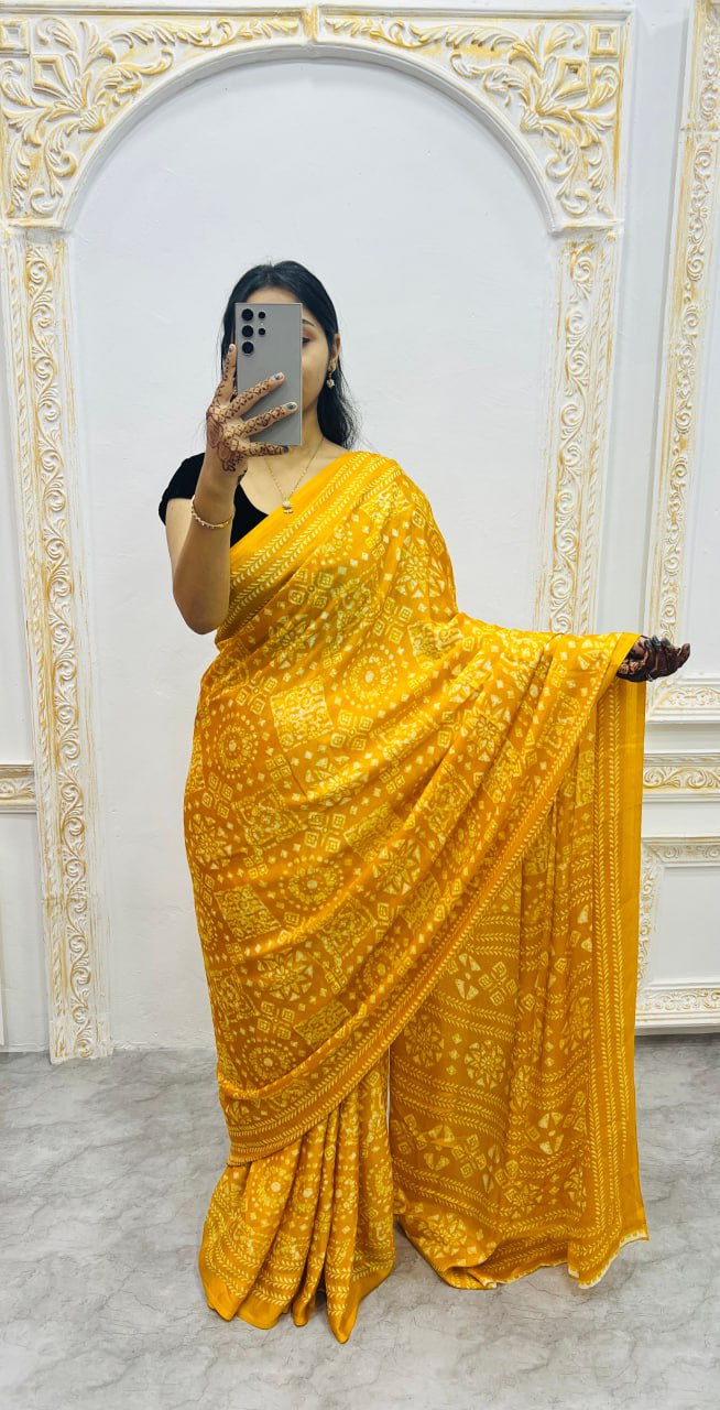 Yellow Handcrafted Ajrakh Print Saree with Traditional Motifs