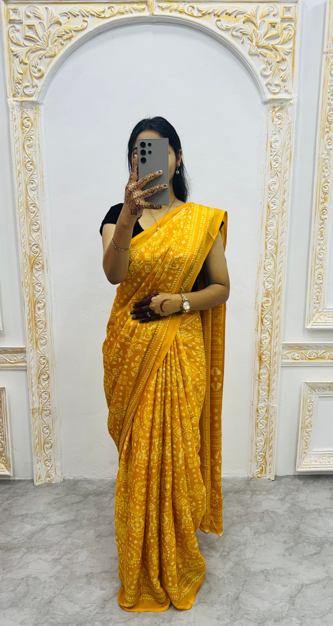 Yellow Handcrafted Ajrakh Print Saree with Traditional Motifs