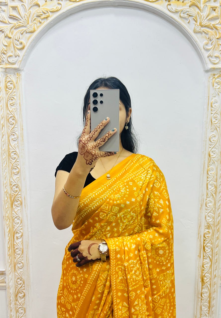 Yellow Handcrafted Ajrakh Print Saree with Traditional Motifs