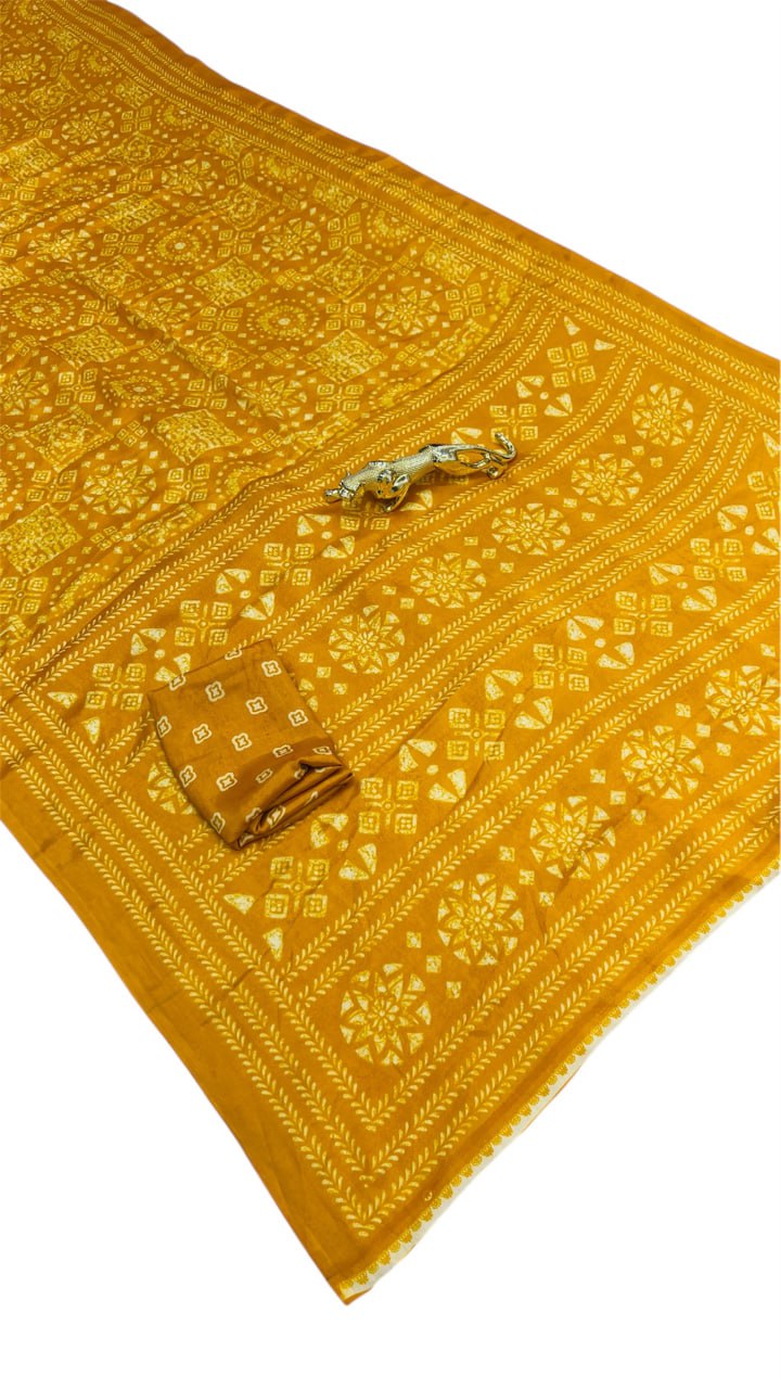Yellow Handcrafted Ajrakh Print Saree with Traditional Motifs