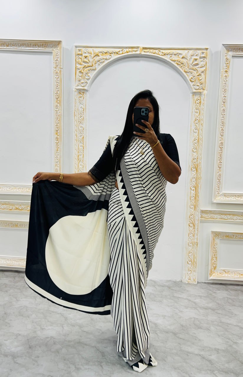 Trendy Black & Off-White Abstract Print Saree with Modern Design
