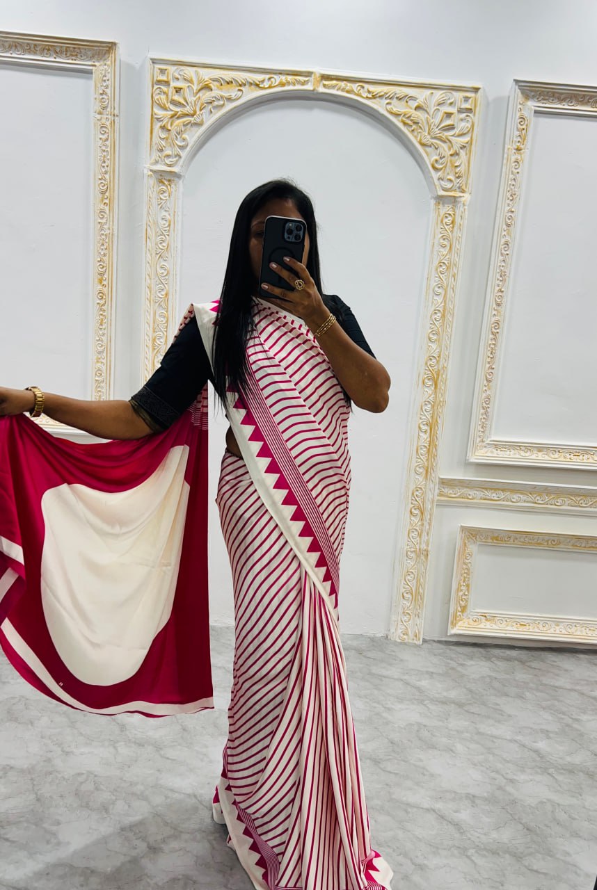 Trendy Pink & Off-White Abstract Print Saree with Modern Design
