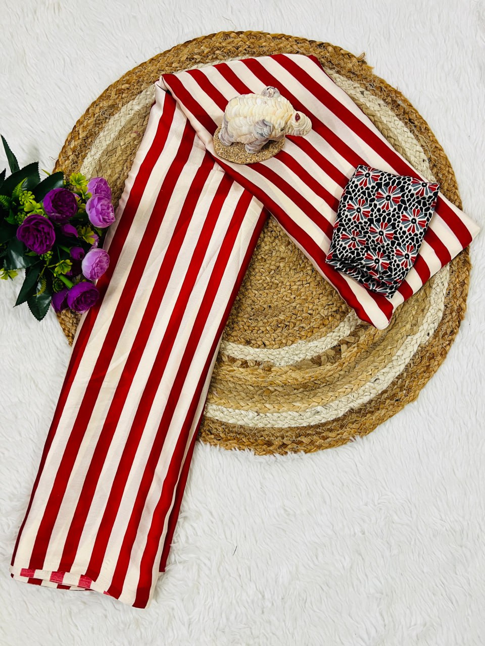 Traditional Ajrakh Inspired  Pink & White Striped Saree with Bold Black Pallu