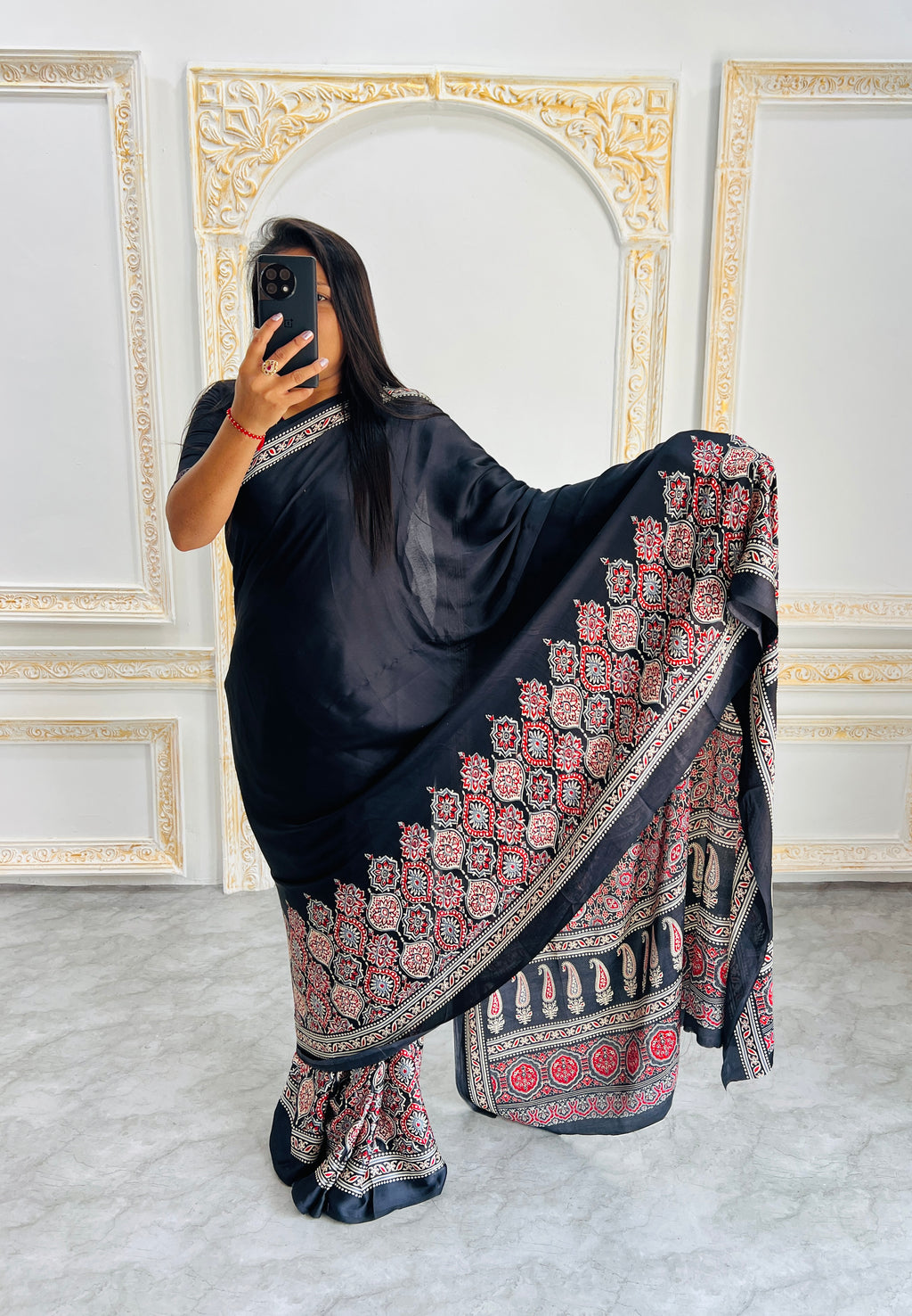 Elegant Black Ajrakh Print Semi Gajji Saree with Traditional Handcrafted Look
