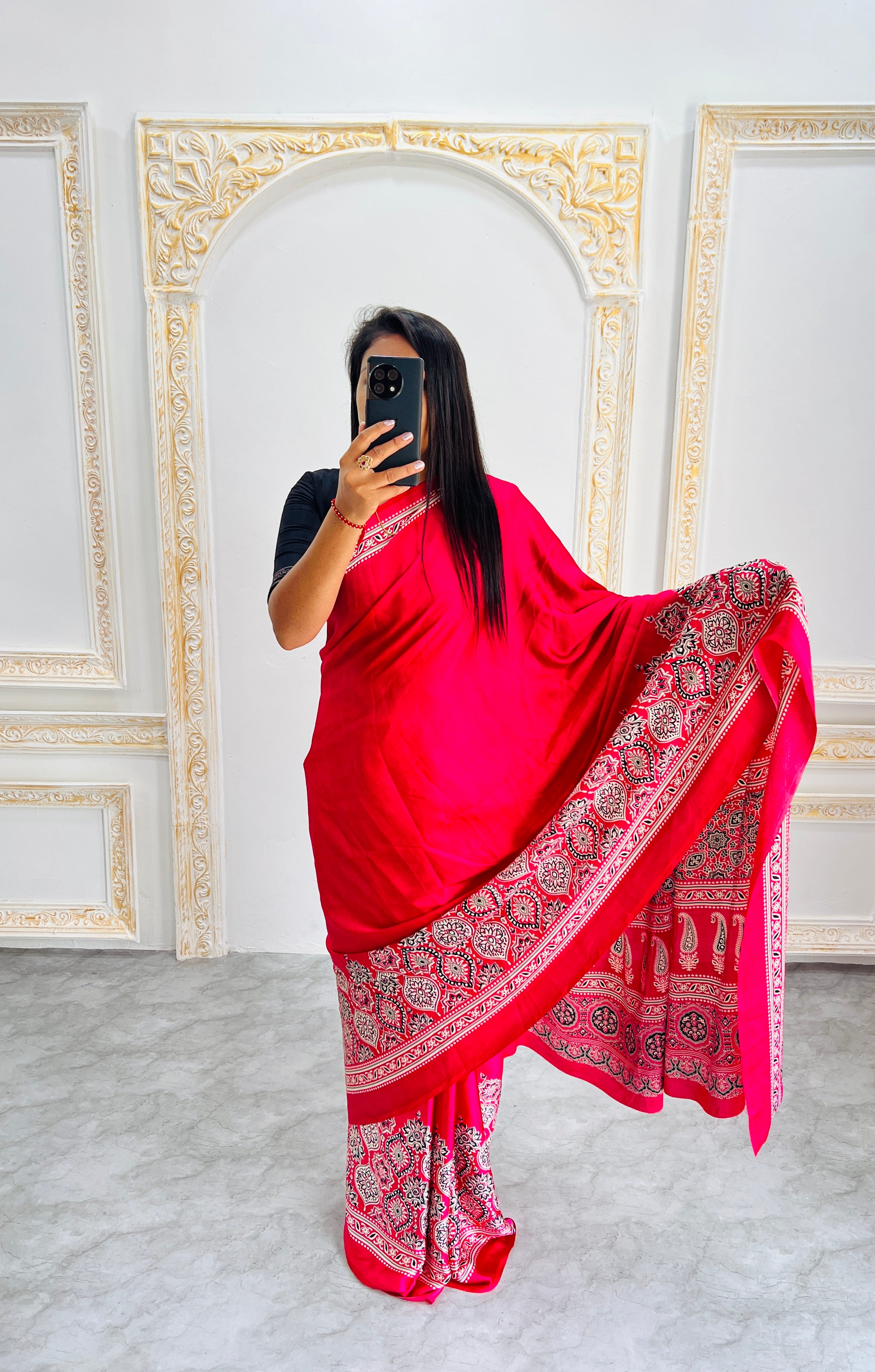 Elegant Red Ajrakh Print Semi Gajji Saree