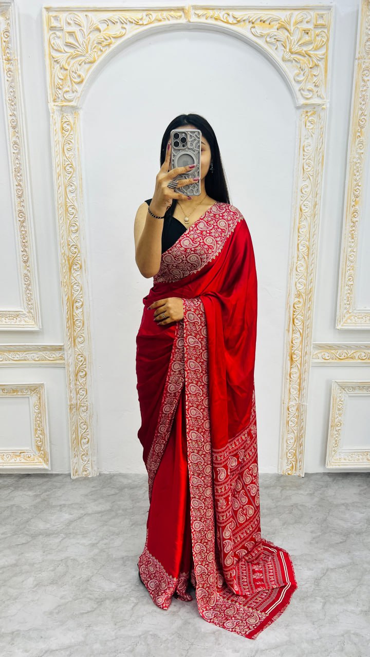 Premium Red Ajrakh Print Saree – Traditional Ethnic Elegance