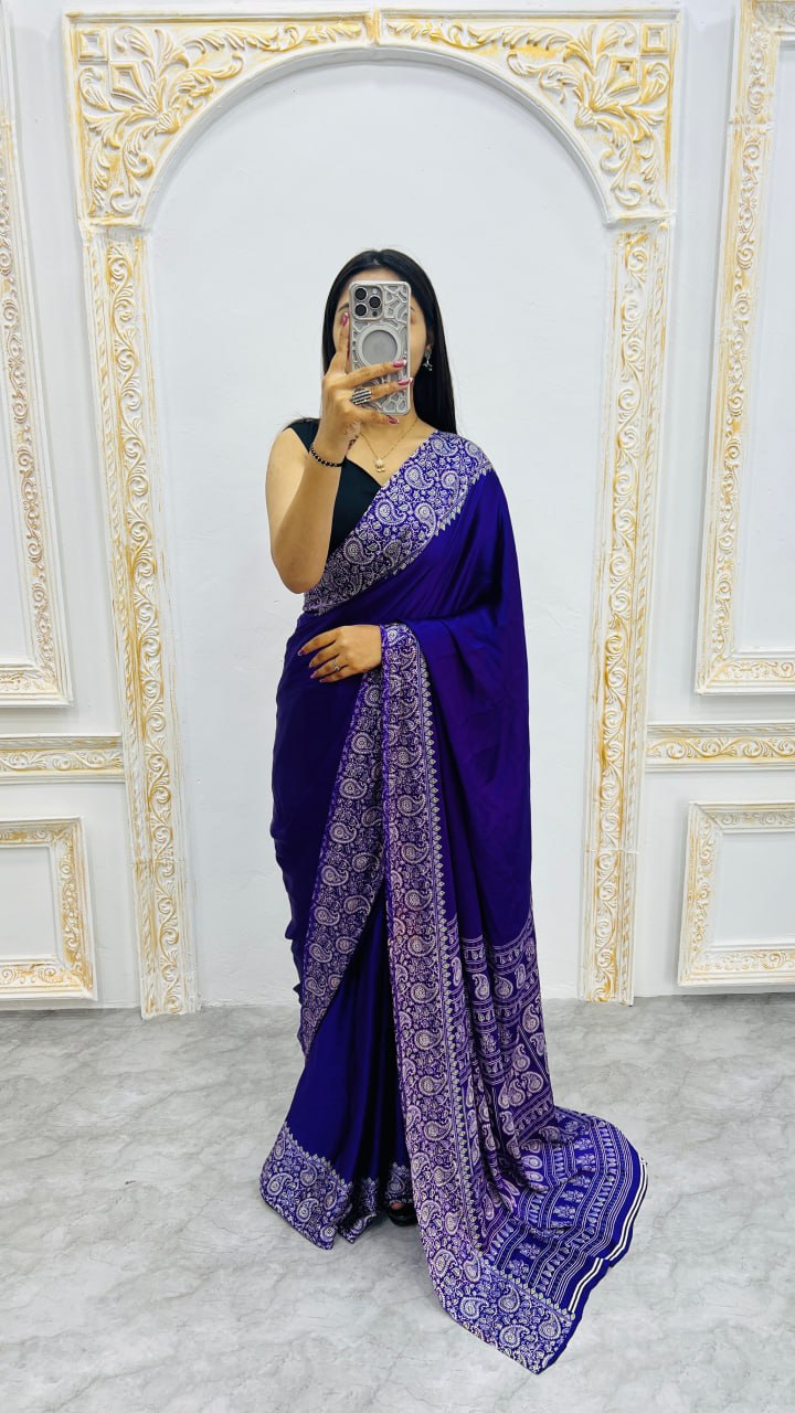 Royal Blue Ajrakh Printed Saree – Ethnic & Stylish