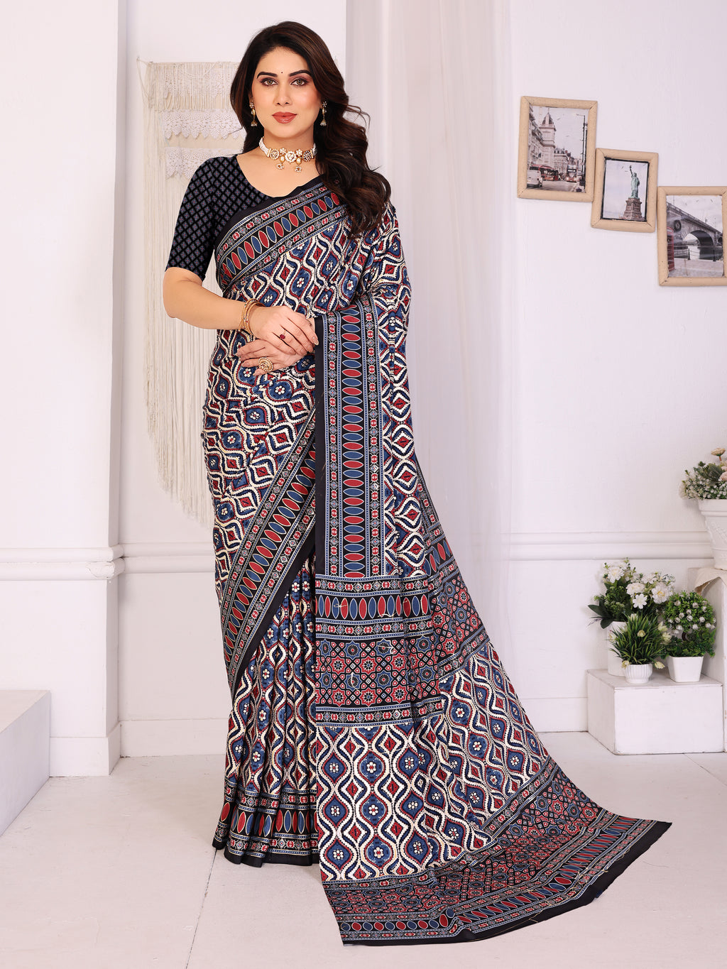 Black & Red Traditional Printed Pure Silk Saree with Contrast Blouse