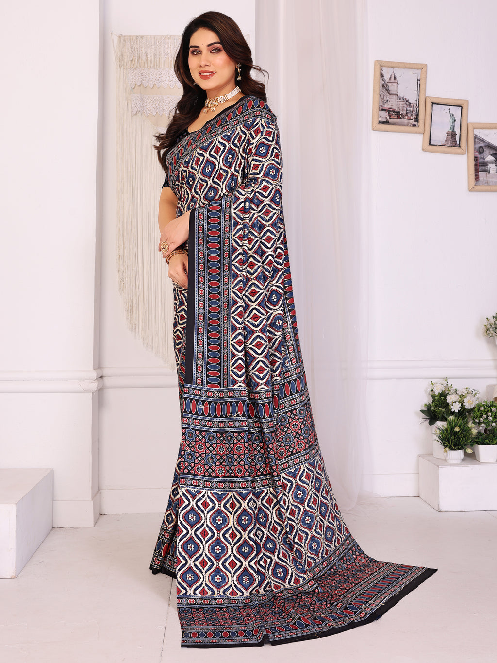 Black & Red Traditional Printed Pure Silk Saree with Contrast Blouse