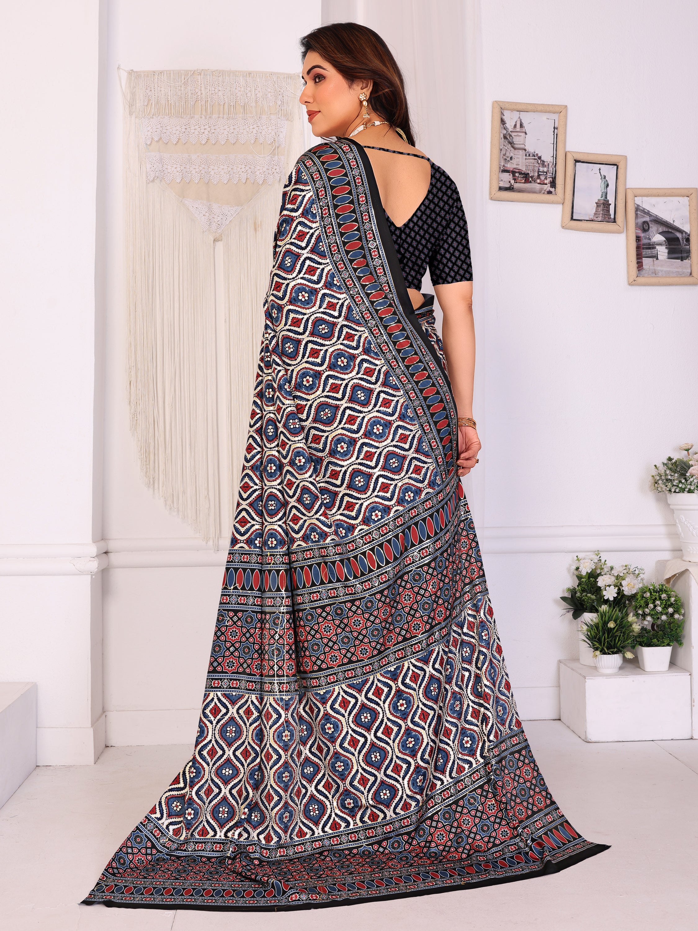 Black & Red Traditional Printed Pure Silk Saree with Contrast Blouse