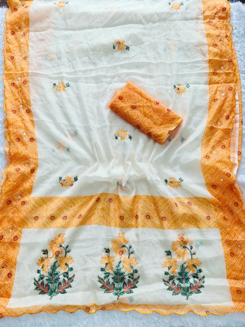 Yellow Elegant Linen Digital Print Saree with Bandhej Border & Floral