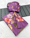 Purple Floral Print Soft Linen Saree with Matching Blouse Piece