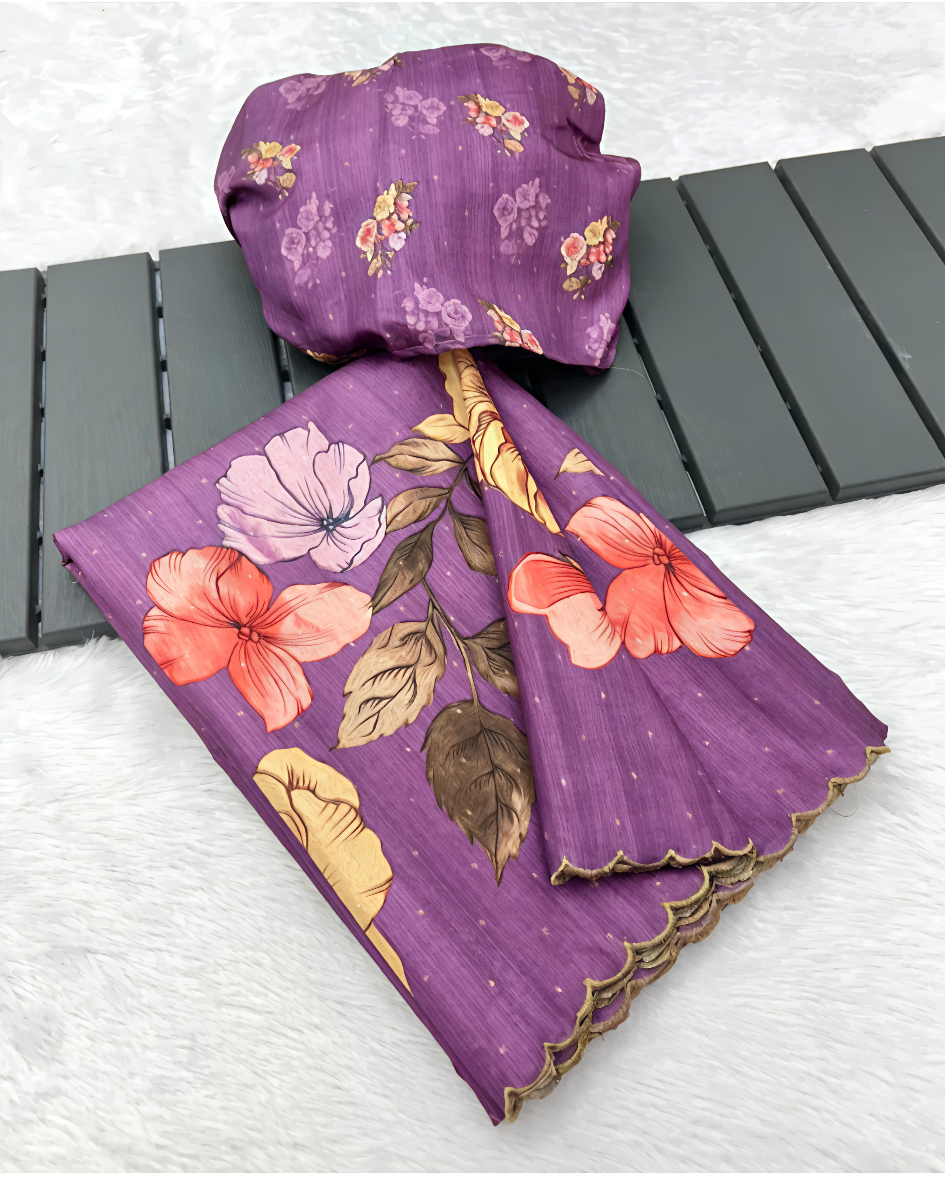 Purple Floral Print Soft Linen Saree with Matching Blouse Piece