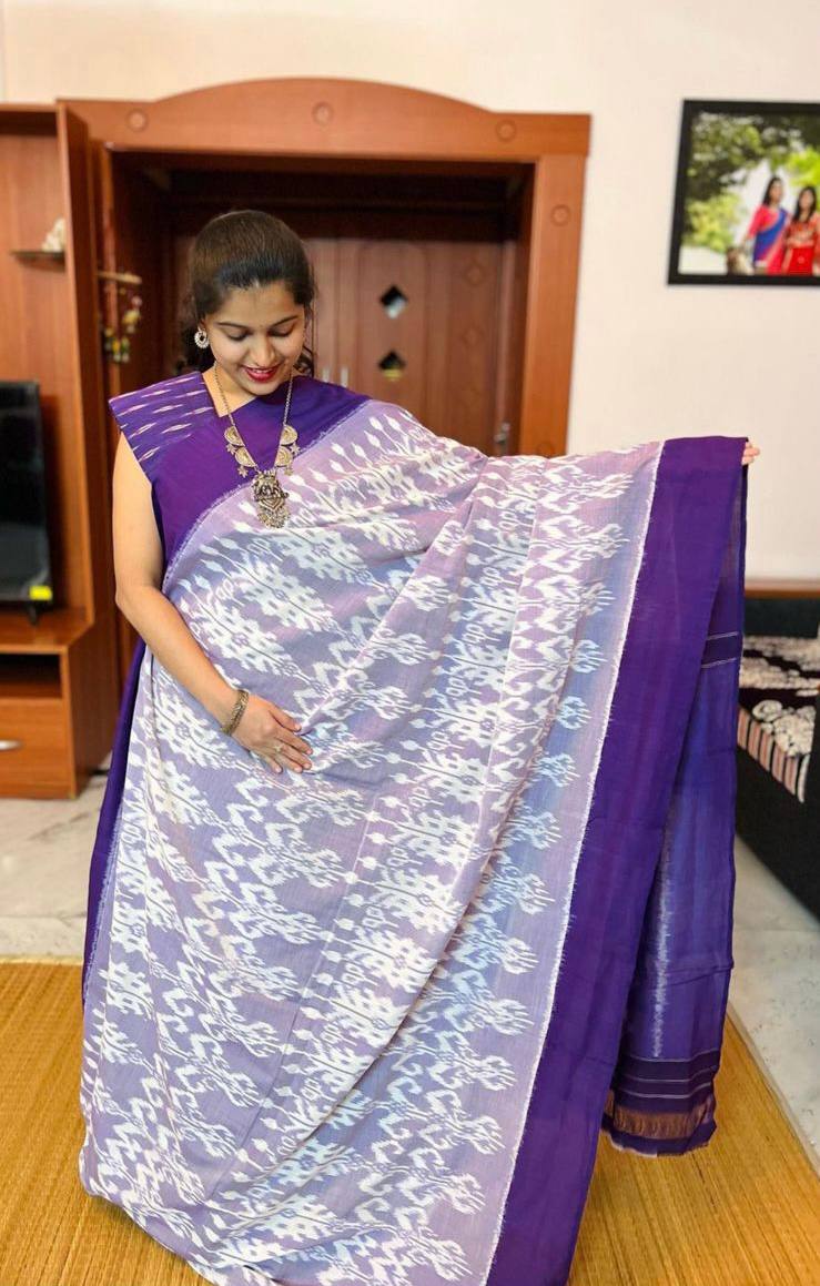 Elegant Lavender & Purple Handwoven Linen Ikat Saree with Contrast Pallu