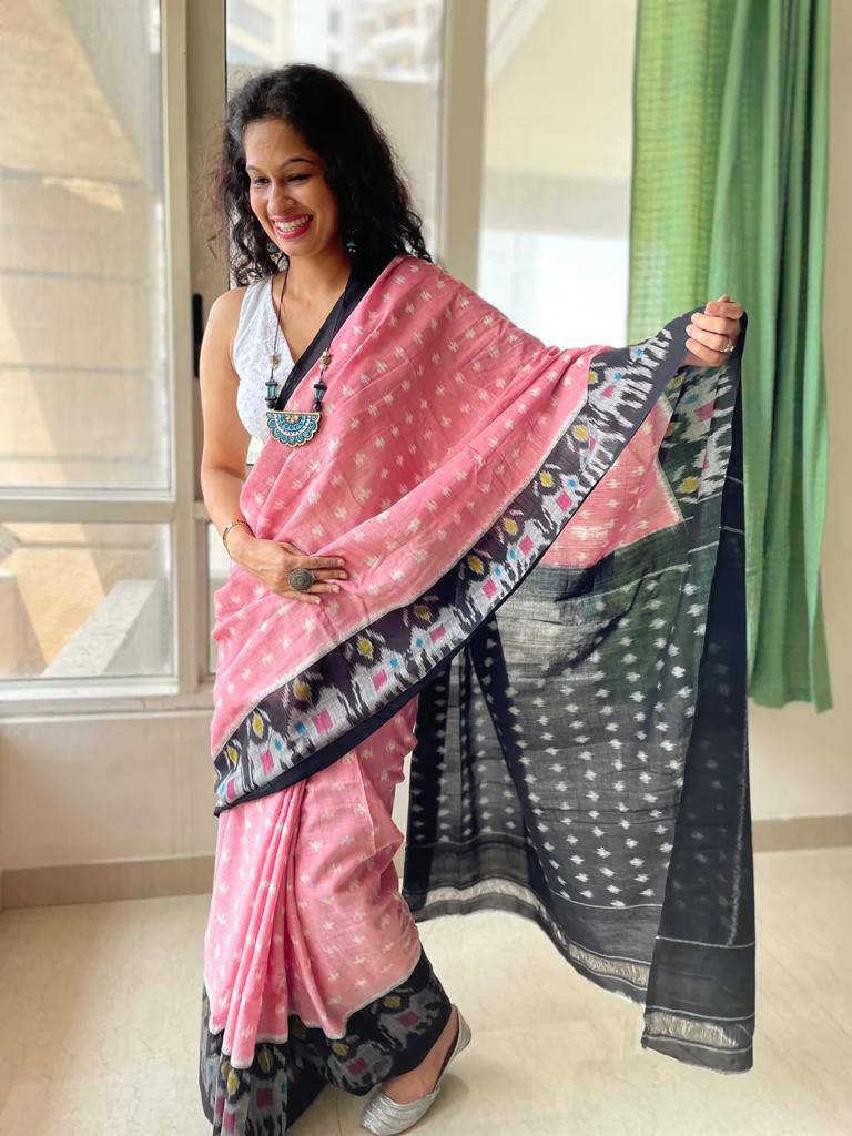 Soft Pink & Black Linen Cotton Saree with Ikat Border