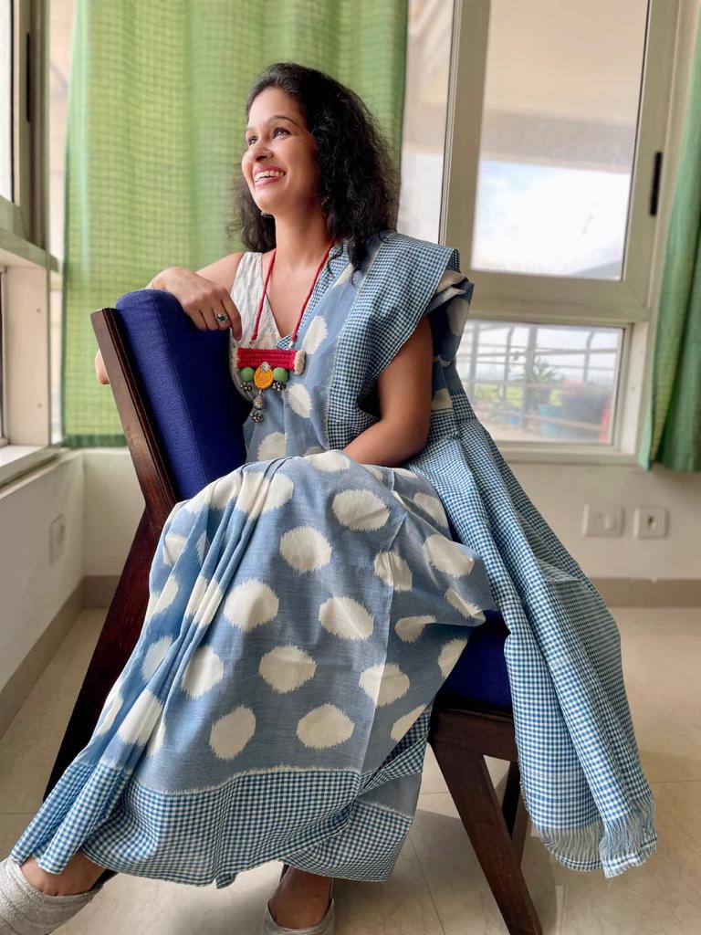 Blue Polka Dot Linen Cotton Saree with Gingham Pallu