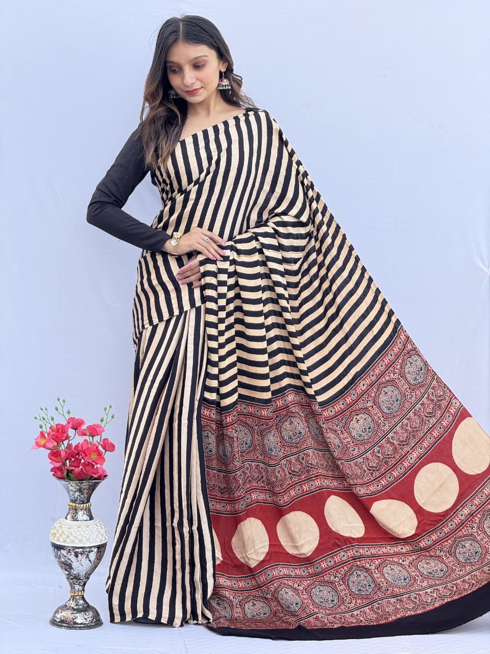 Cream & Black Ajrakh Print Soft Modal Silk Saree