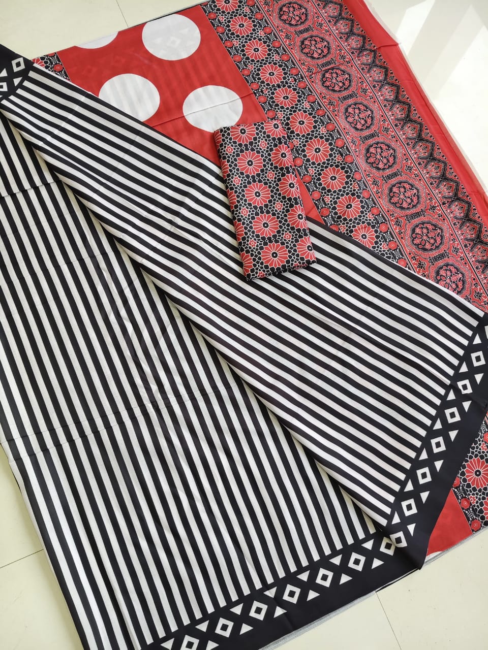 Cream & Black Ajrakh Print Soft Modal Silk Saree