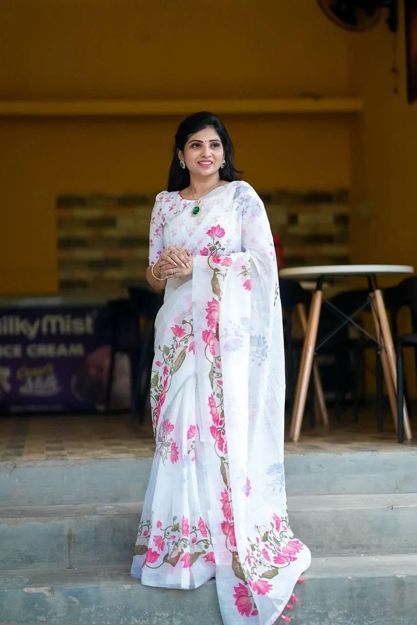 Elegant Floral Printed Linen Sare