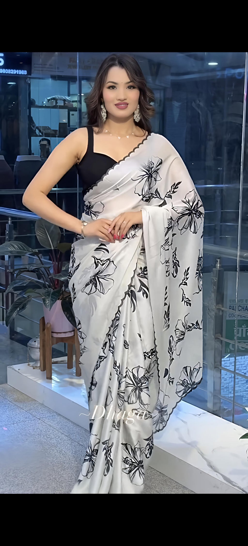 Elegant White & Black Floral Printed Silk Saree
