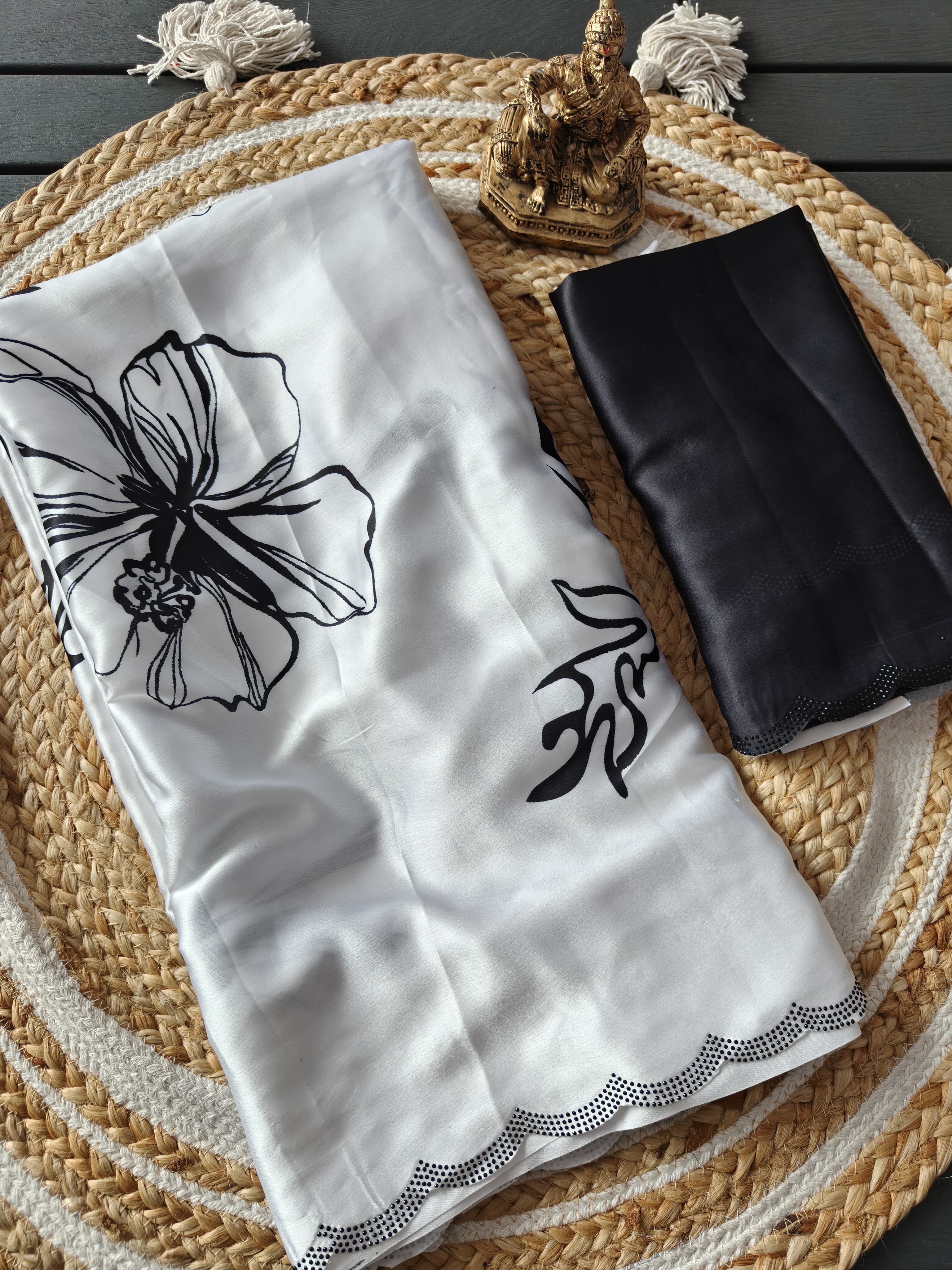Elegant White & Black Floral Printed Silk Saree