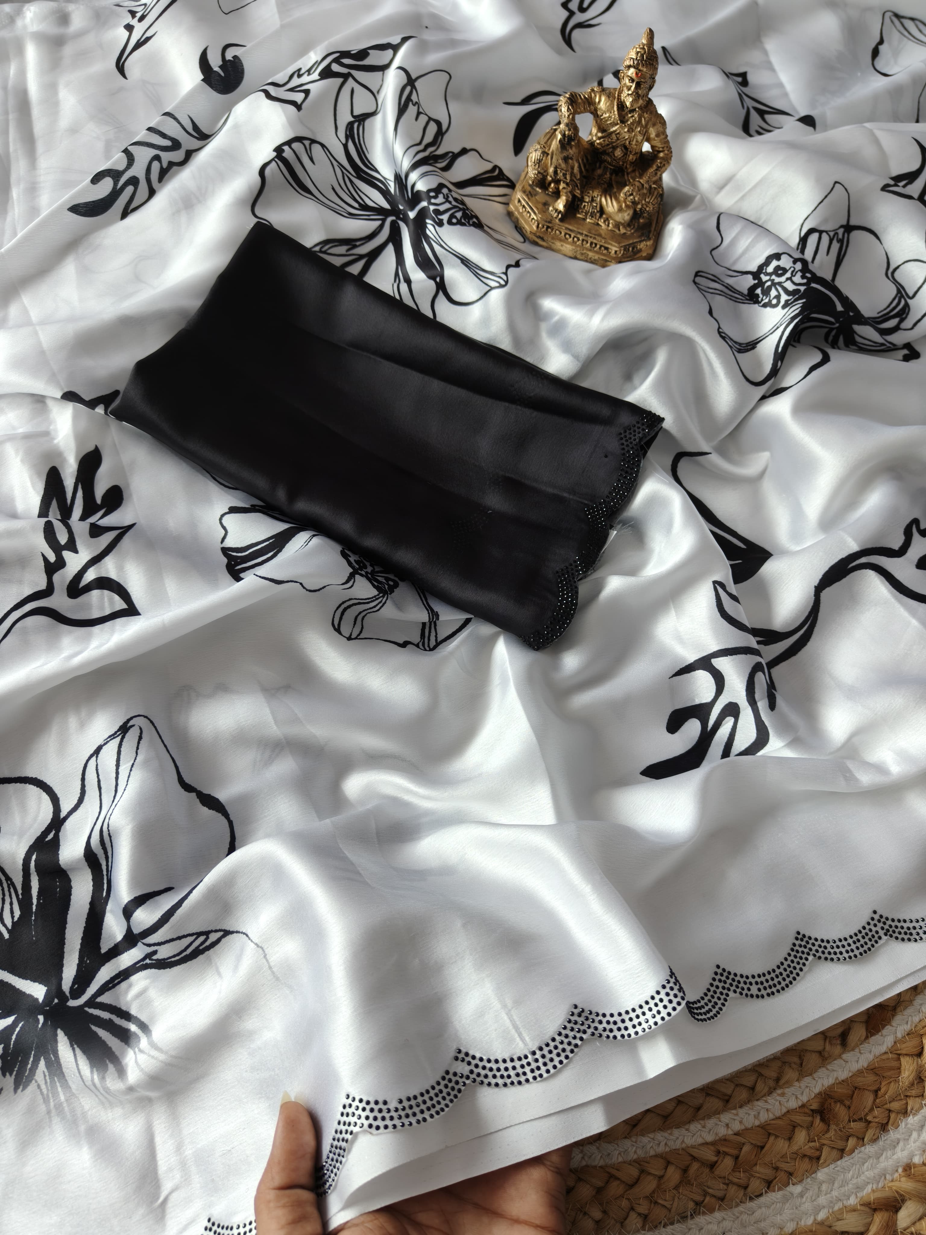 Elegant White & Black Floral Printed Silk Saree