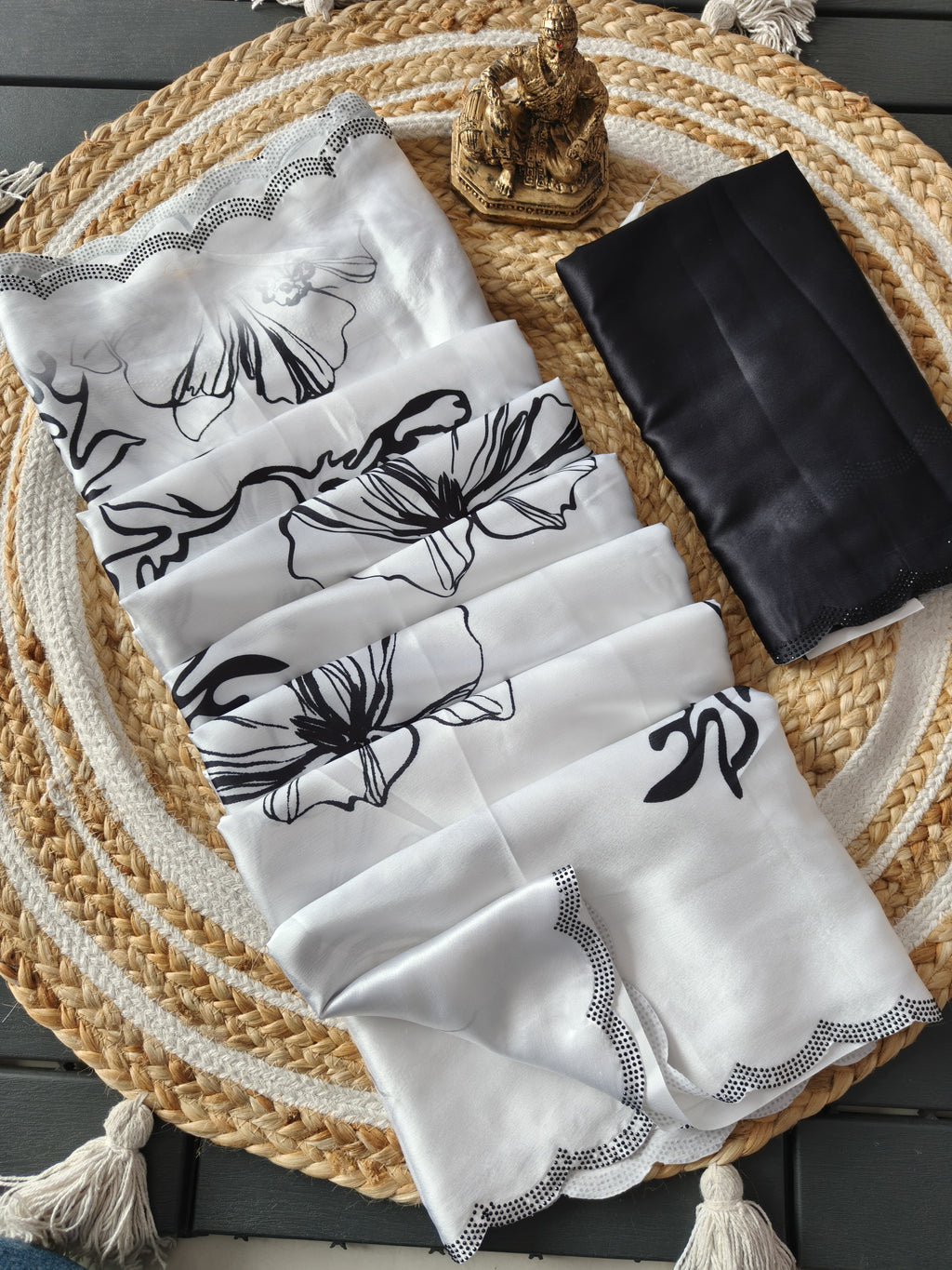 Elegant White & Black Floral Printed Silk Saree