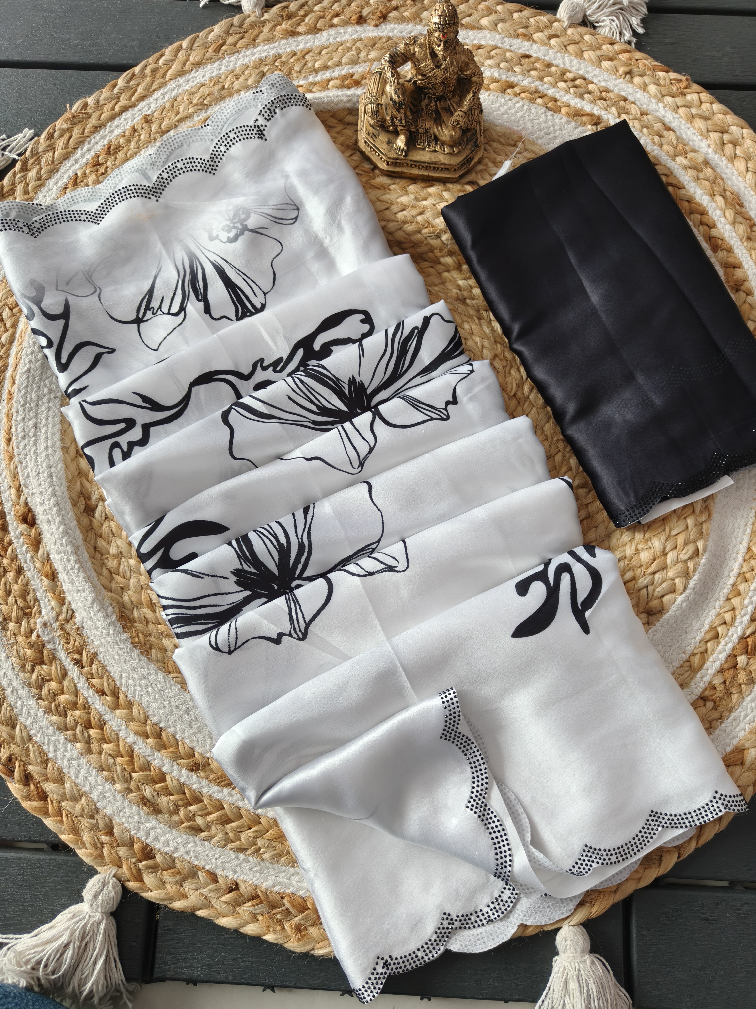 Elegant White & Black Floral Printed Silk Saree